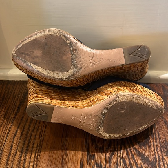 Prada Navy Suede Wicker Wedge Sandal - Picture 6 of 12